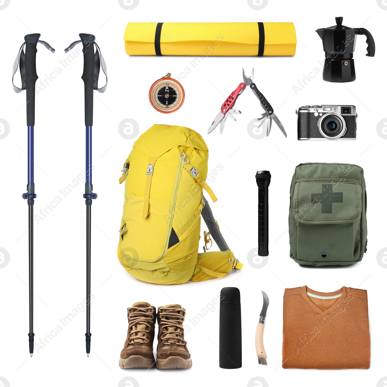 Image of Set with different camping equipment on white background