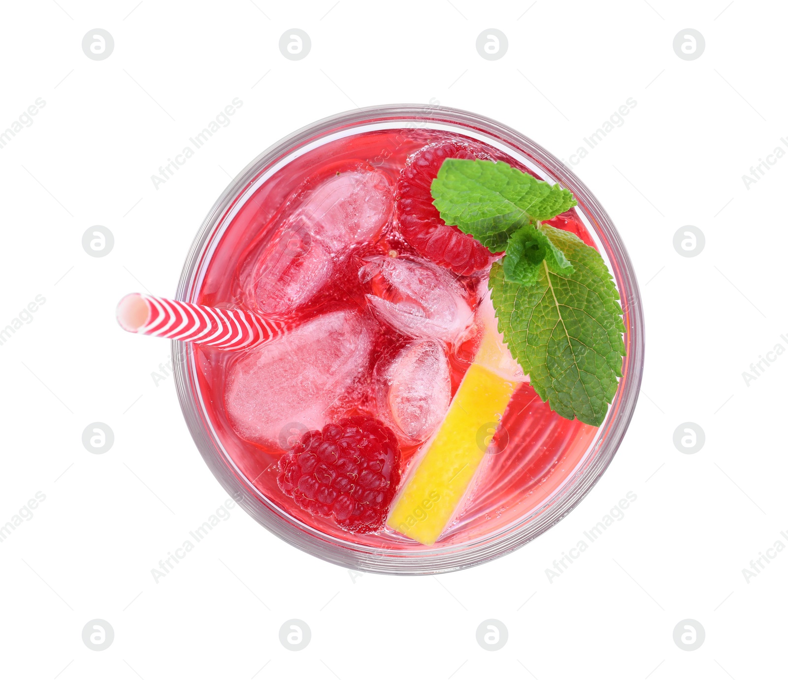Delicious raspberry lemonade made with soda water isolated on white, top view Photo of Delicious raspberry lemonade made with soda water isolated on white, top view