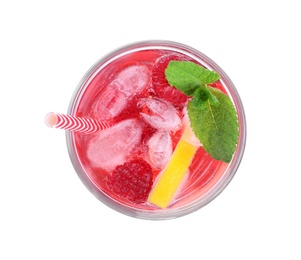 Delicious raspberry lemonade made with soda water isolated on white, top view Photo of Delicious raspberry lemonade made with soda water isolated on white, top view