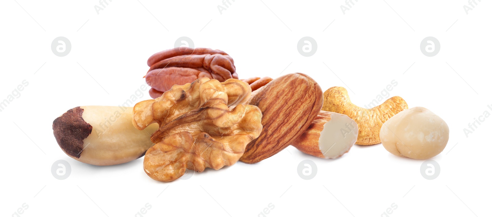 Mix of different tasty nuts on white background. Banner design Image of Mix of different tasty nuts on white background. Banner design
