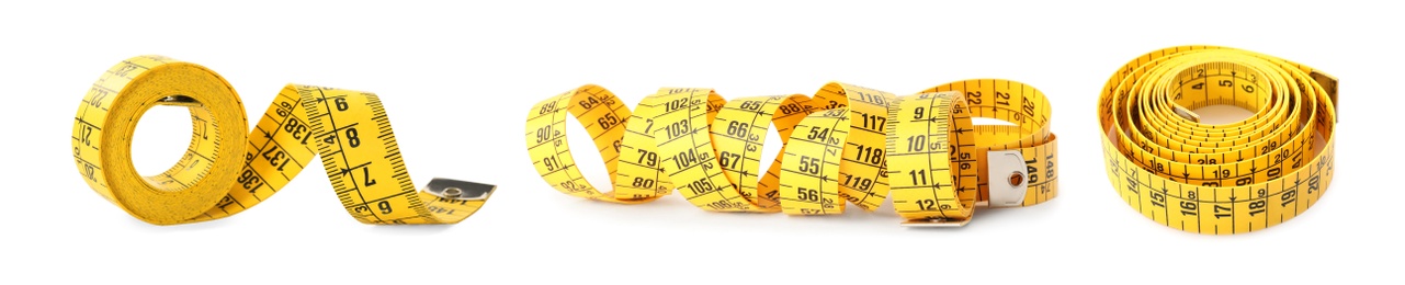 Set of yellow measuring tapes on white background. Banner design Image of Set of yellow measuring tapes on white background. Banner design