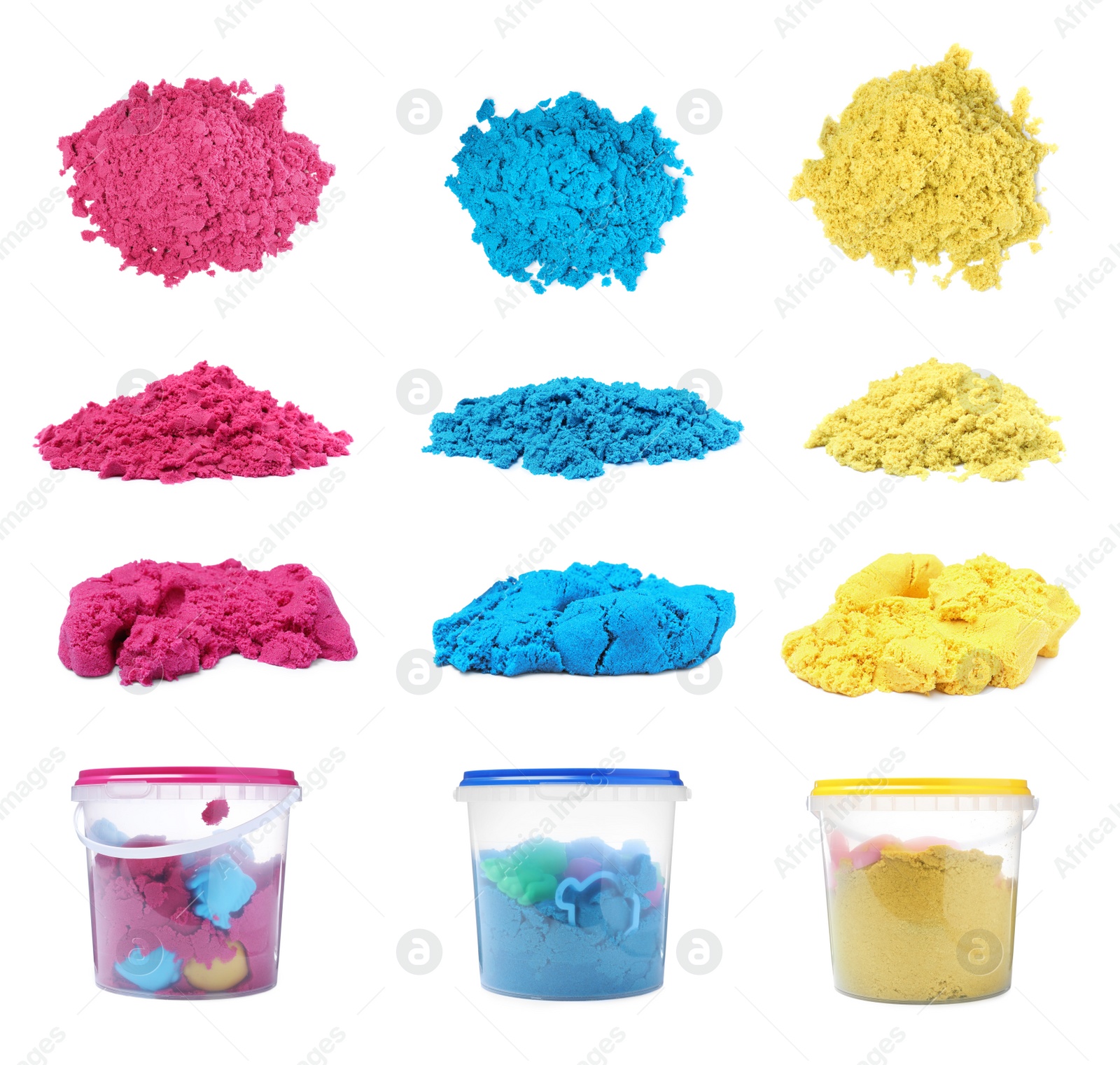 Set with colorful kinetic sand on white background Image of Set with colorful kinetic sand on white background