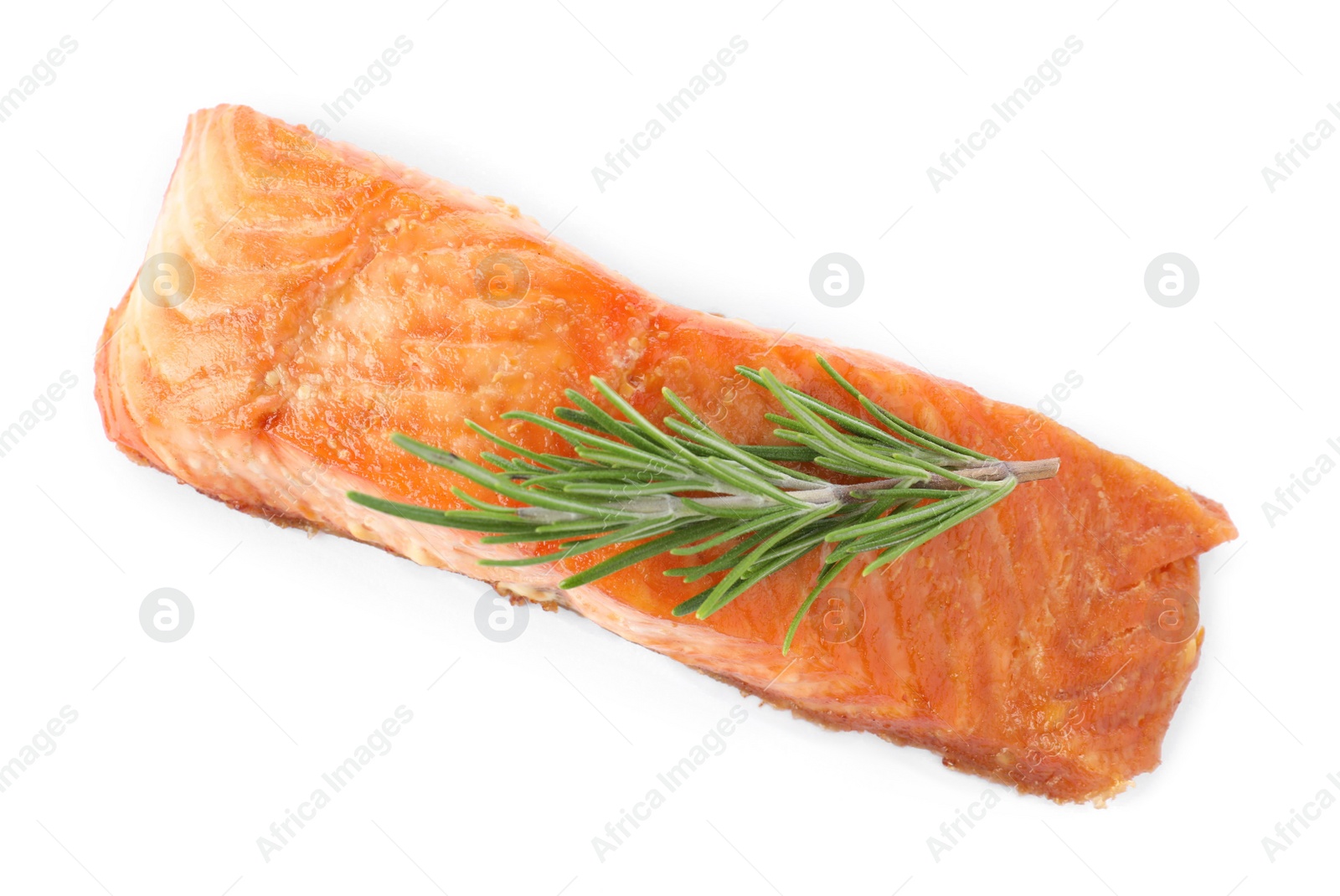 Delicious roasted fish with rosemary isolated on white, above view Photo of Delicious roasted fish with rosemary isolated on white, above view