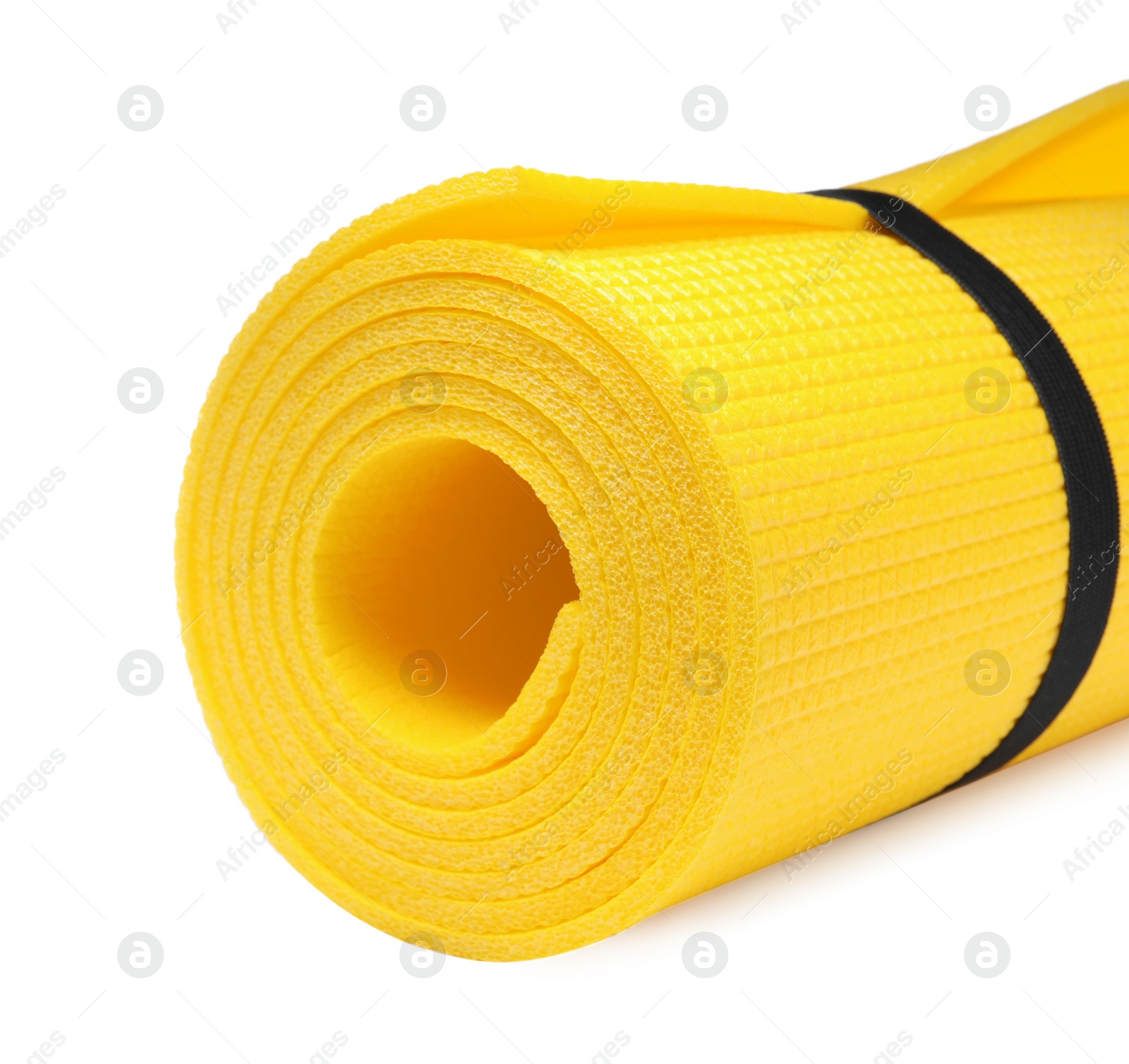 Rolled camping mat on white background, closeup Photo of Rolled camping mat on white background, closeup