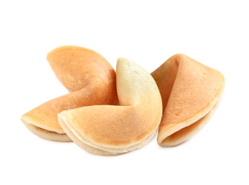 Tasty traditional fortune cookies on white background Photo of Tasty traditional fortune cookies on white background