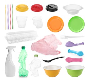 Set with different plastic items on white background Image of Set with different plastic items on white background
