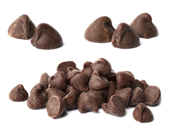 Set of tasty chocolate chips isolated on white Image of Set of tasty chocolate chips isolated on white
