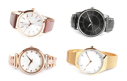 Collage of stylish watches on white background Image of Collage of stylish watches on white background