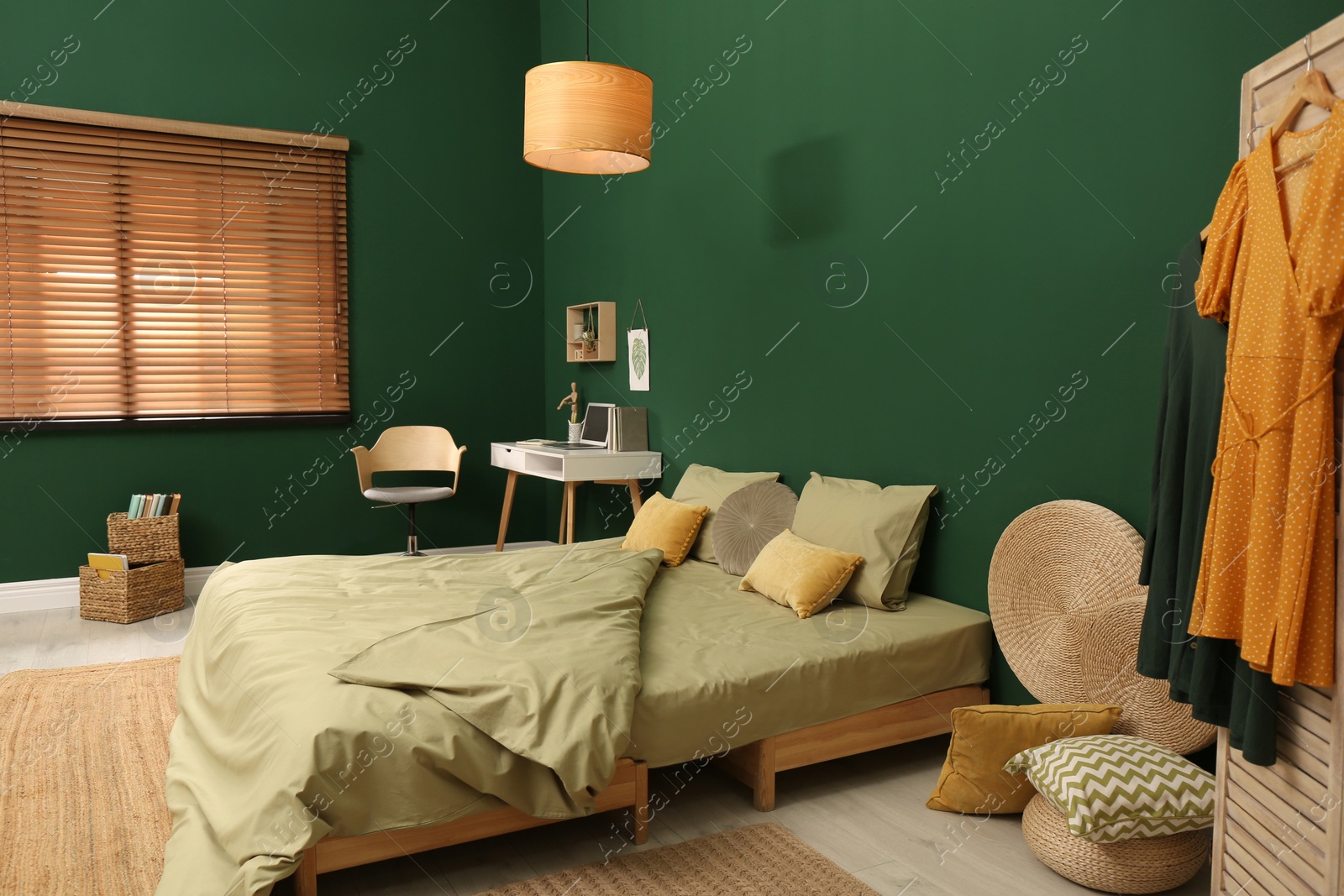 Stylish bedroom with modern furniture. Interior design Photo of Stylish bedroom with modern furniture. Interior design