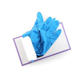 Box of new medical gloves isolated on white, top view Photo of Box of new medical gloves isolated on white, top view