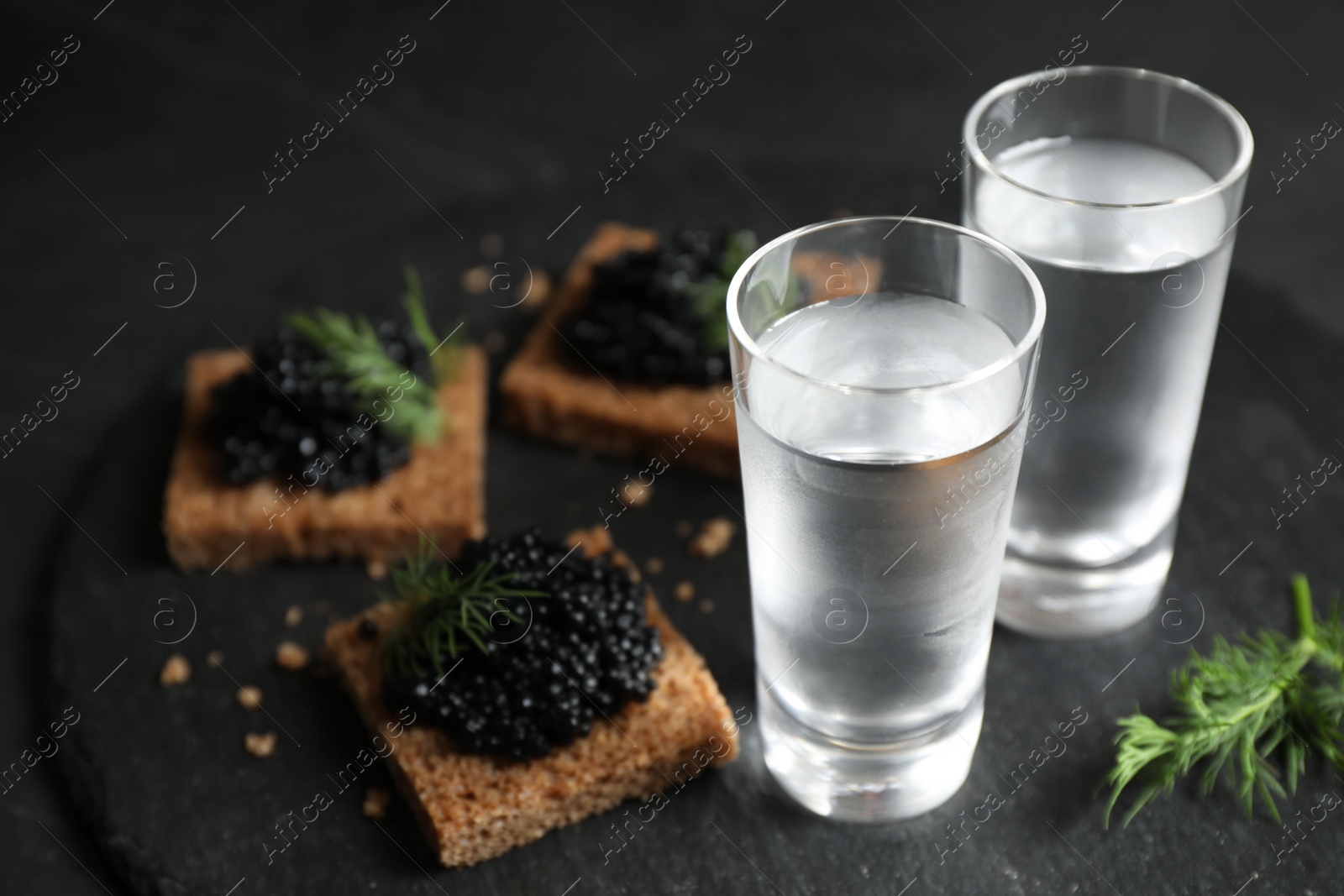 Cold Russian vodka and sandwiches with black caviar on table, closeup Photo of Cold Russian vodka and sandwiches with black caviar on table, closeup