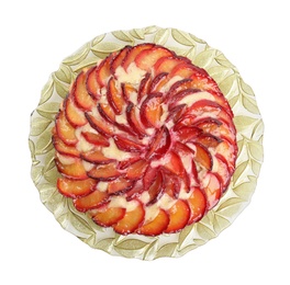 Delicious cake with plums isolated on white, top view Photo of Delicious cake with plums isolated on white, top view