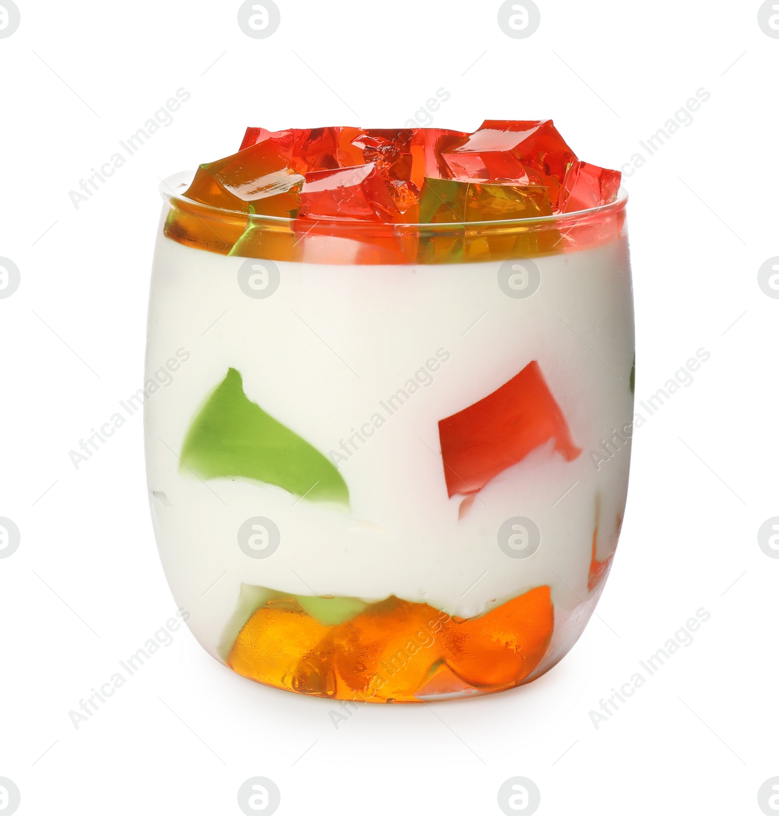 Delicious broken glass jelly dessert in glass on white background Photo of Delicious broken glass jelly dessert in glass on white background