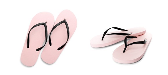 Stylish flip flops on white background, collage. Banner design Image of Stylish flip flops on white background, collage. Banner design
