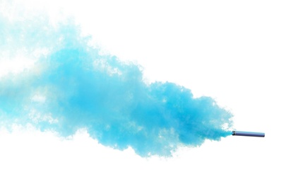 Woman with blue smoke bomb near white wall outdoors, closeup Photo of Woman with blue smoke bomb near white wall outdoors, closeup
