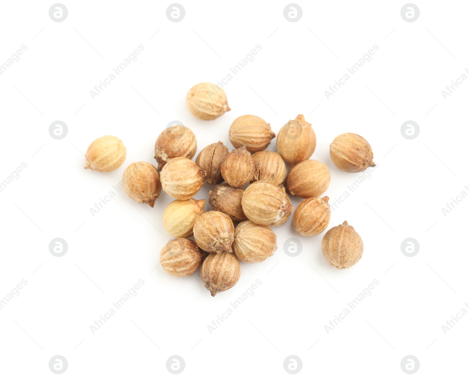 Scattered dried coriander seeds on white background, top view Photo of Scattered dried coriander seeds on white background, top view