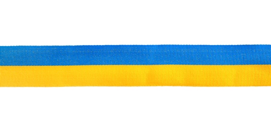 Ribbon with colors of national Ukrainian flag isolated on white, top view Photo of Ribbon with colors of national Ukrainian flag isolated on white, top view