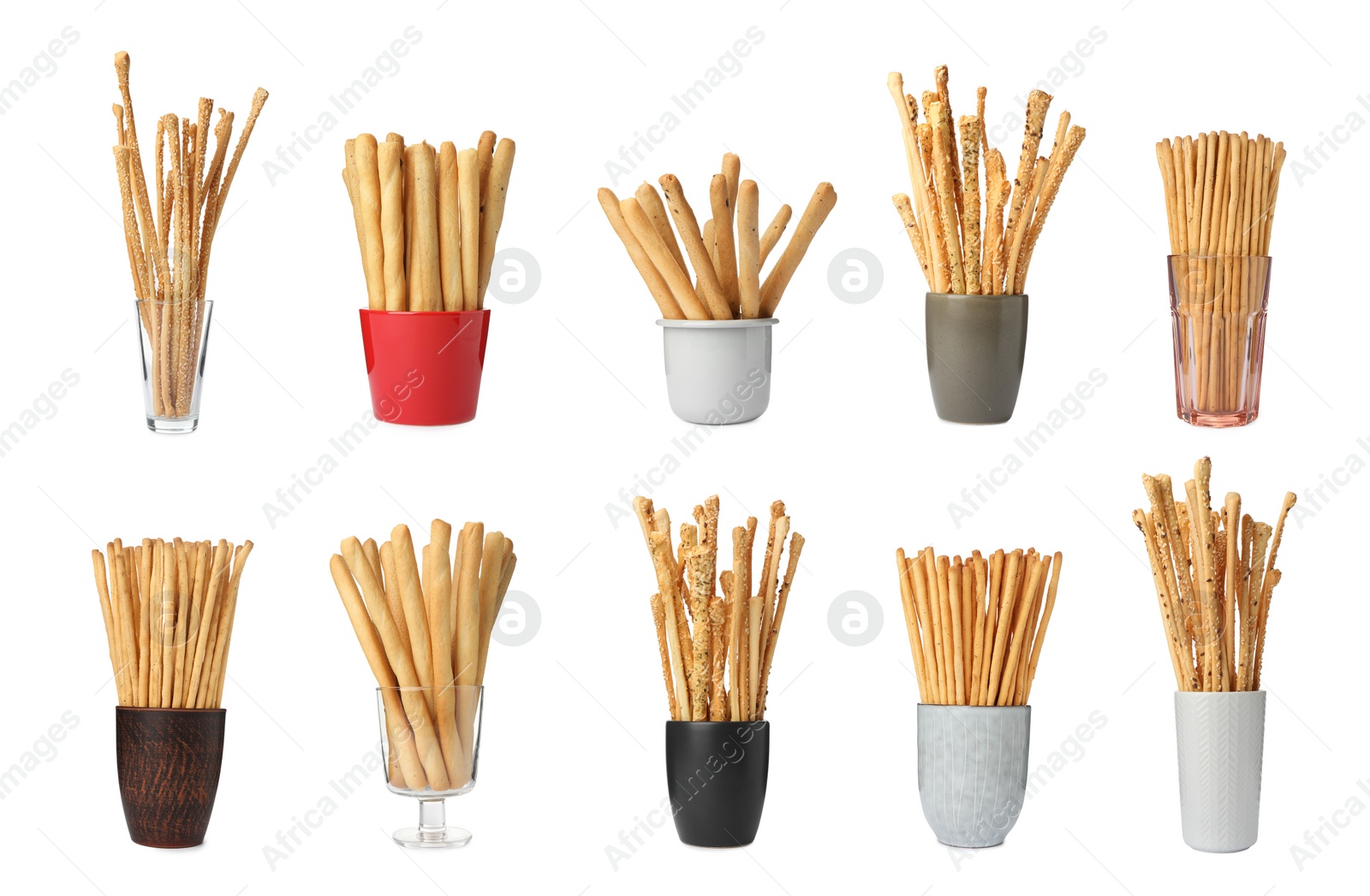 Set with delicious crispy grissini sticks on white background Image of Set with delicious crispy grissini sticks on white background