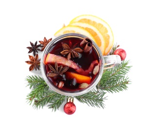 Aromatic mulled wine, ingredients and decor on white background, top view Photo of Aromatic mulled wine, ingredients and decor on white background, top view