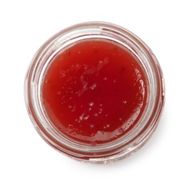 Glass jar with sweet jam isolated on white, top view Photo of Glass jar with sweet jam isolated on white, top view
