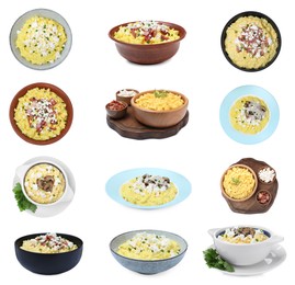 Set with delicious traditional banosh on white background Image of Set with delicious traditional banosh on white background