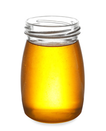 Jar with organic honey isolated on white Photo of Jar with organic honey isolated on white