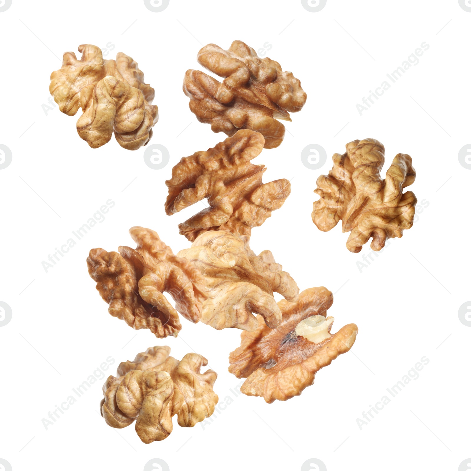 Halves of walnuts falling on white background Image of Halves of walnuts falling on white background