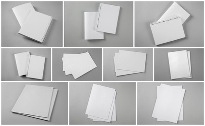 Open blank brochures on grey background, collage Image of Open blank brochures on grey background, collage