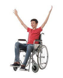 Photo of Emotional teen boy in wheelchair on white background