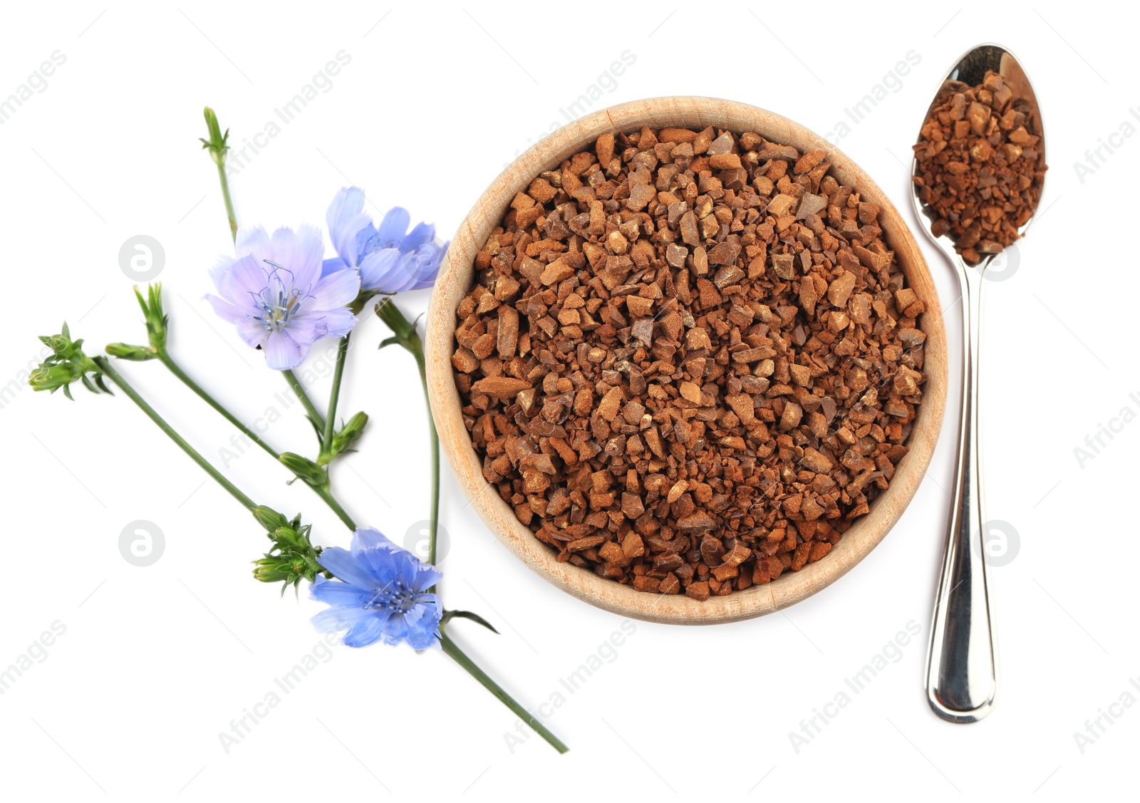 Chicory granules and flowers on white background, top view Photo of Chicory granules and flowers on white background, top view