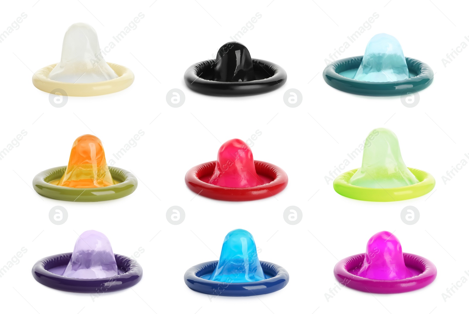 Set with different unpacked condoms on white background Image of Set with different unpacked condoms on white background