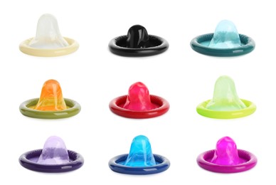 Set with different unpacked condoms on white background Image of Set with different unpacked condoms on white background