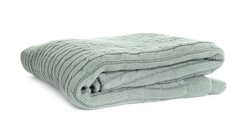 Stylish grey knitted plaid on white background Photo of Stylish grey knitted plaid on white background