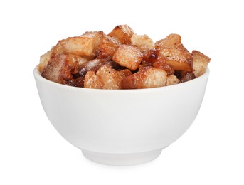 Tasty fried cracklings in bowl on white background. Cooked pork lard Photo of Tasty fried cracklings in bowl on white background. Cooked pork lard