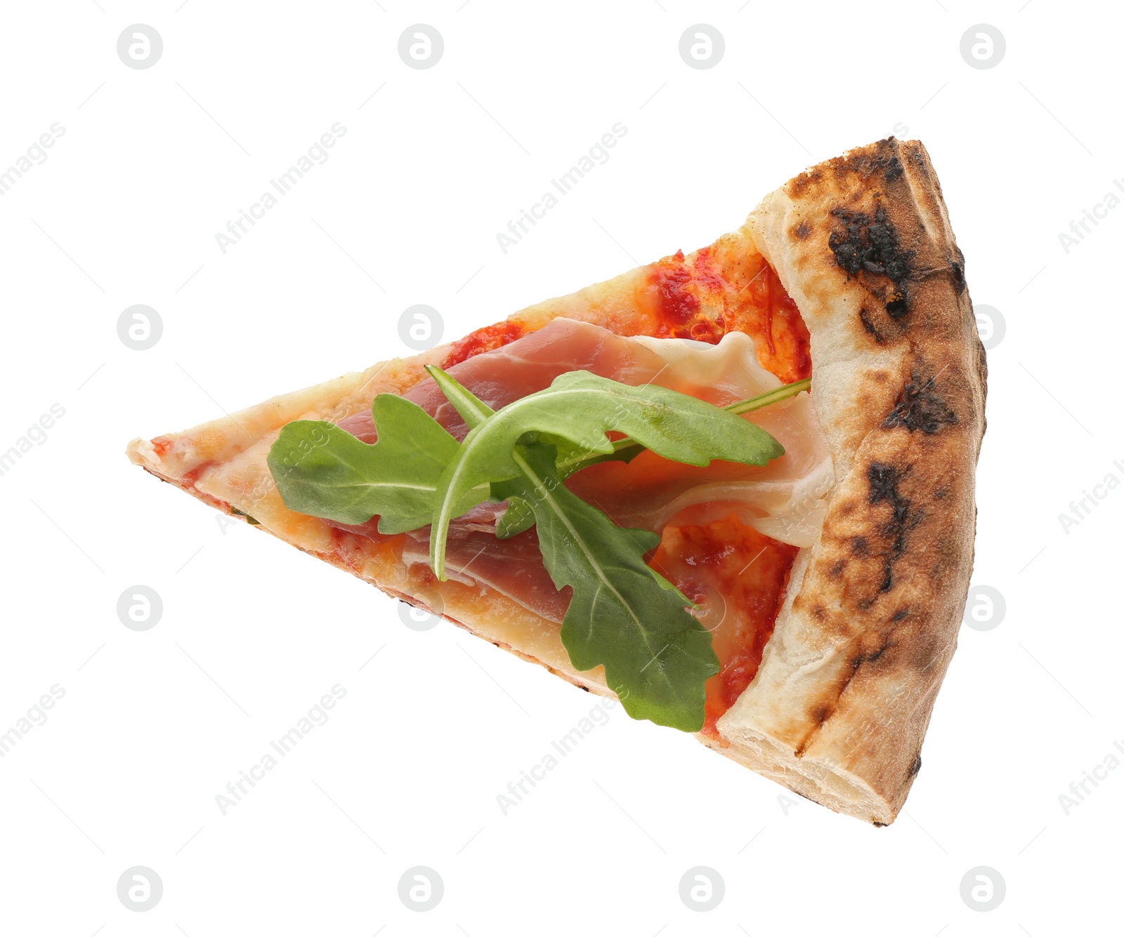 Slice of tasty pizza with meat and arugula isolated on white, top view Photo of Slice of tasty pizza with meat and arugula isolated on white, top view