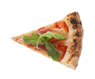 Slice of tasty pizza with meat and arugula isolated on white, top view Photo of Slice of tasty pizza with meat and arugula isolated on white, top view