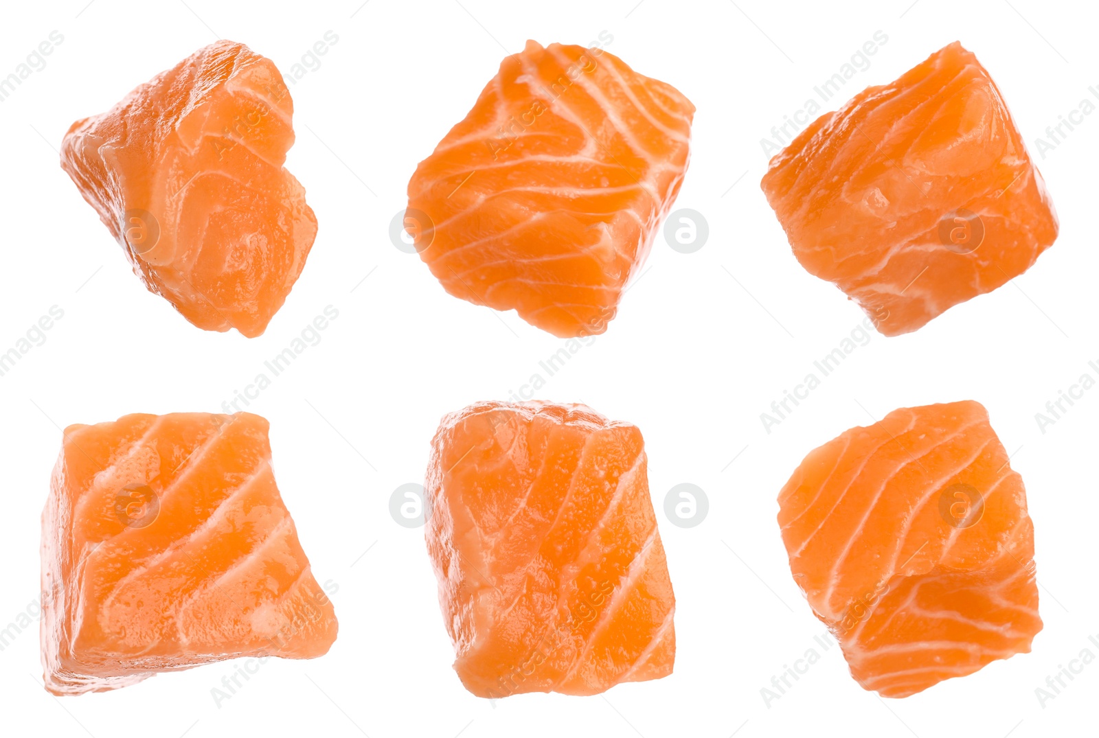 Set with pieces of fresh raw salmon on white background. Fish delicacy Image of Set with pieces of fresh raw salmon on white background. Fish delicacy