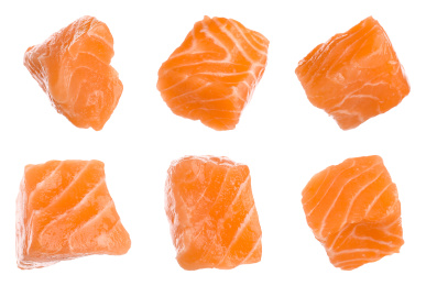 Set with pieces of fresh raw salmon on white background. Fish delicacy Image of Set with pieces of fresh raw salmon on white background. Fish delicacy
