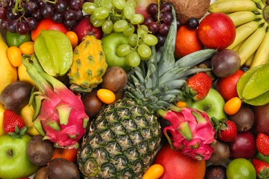 Assortment of fresh exotic fruits as background, top view Photo of Assortment of fresh exotic fruits as background, top view