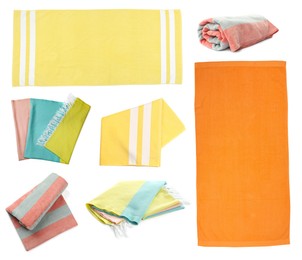 Set with different beach towels on white background Image of Set with different beach towels on white background