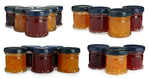 Set with jars of different tasty jam on white background Image of Set with jars of different tasty jam on white background
