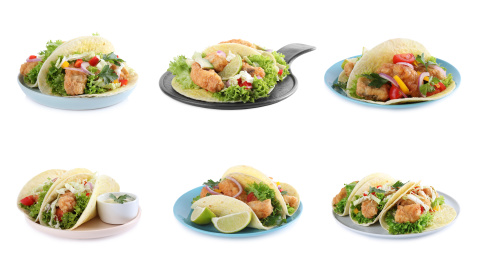 Set of delicious fresh fish tacos on white background Image of Set of delicious fresh fish tacos on white background