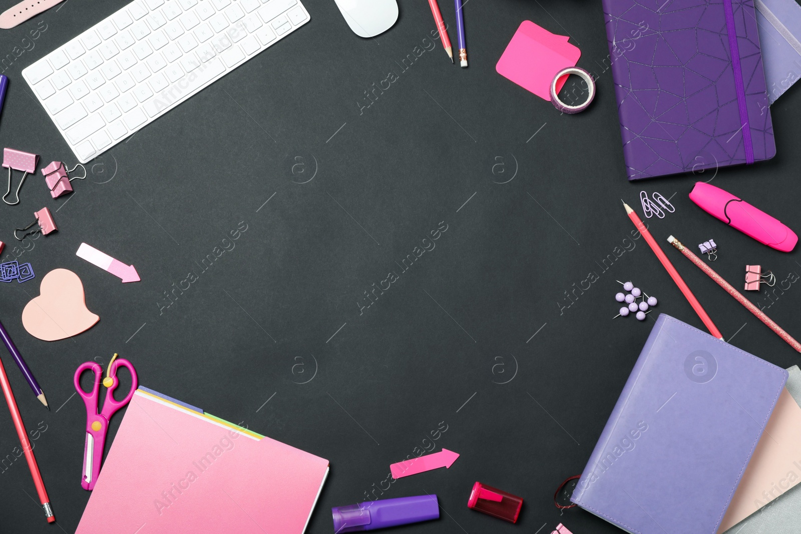 Flat lay composition with keyboard and stationery on black background, space for text. Designer's workplace Photo of Flat lay composition with keyboard and stationery on black background, space for text. Designer's workplace
