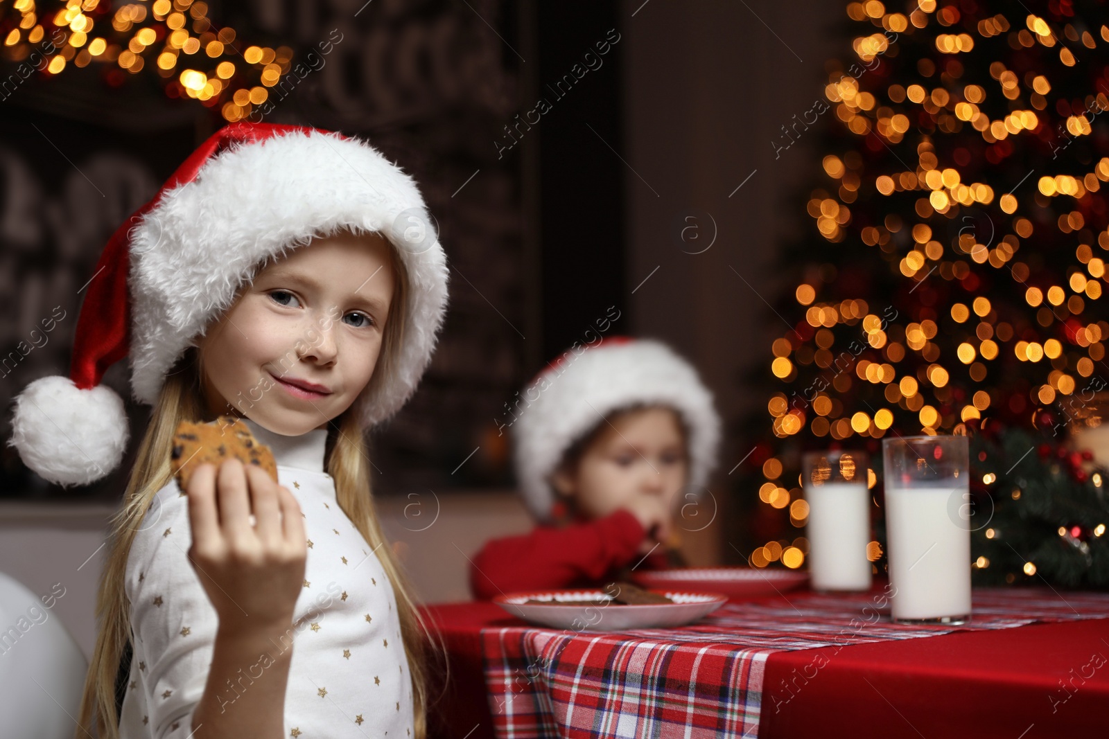 Cute little children eating cookies at table in dining room. Christmas time Photo of Cute little children eating cookies at table in dining room. Christmas time