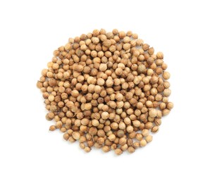 Heap of dried coriander seeds on white background, top view Photo of Heap of dried coriander seeds on white background, top view