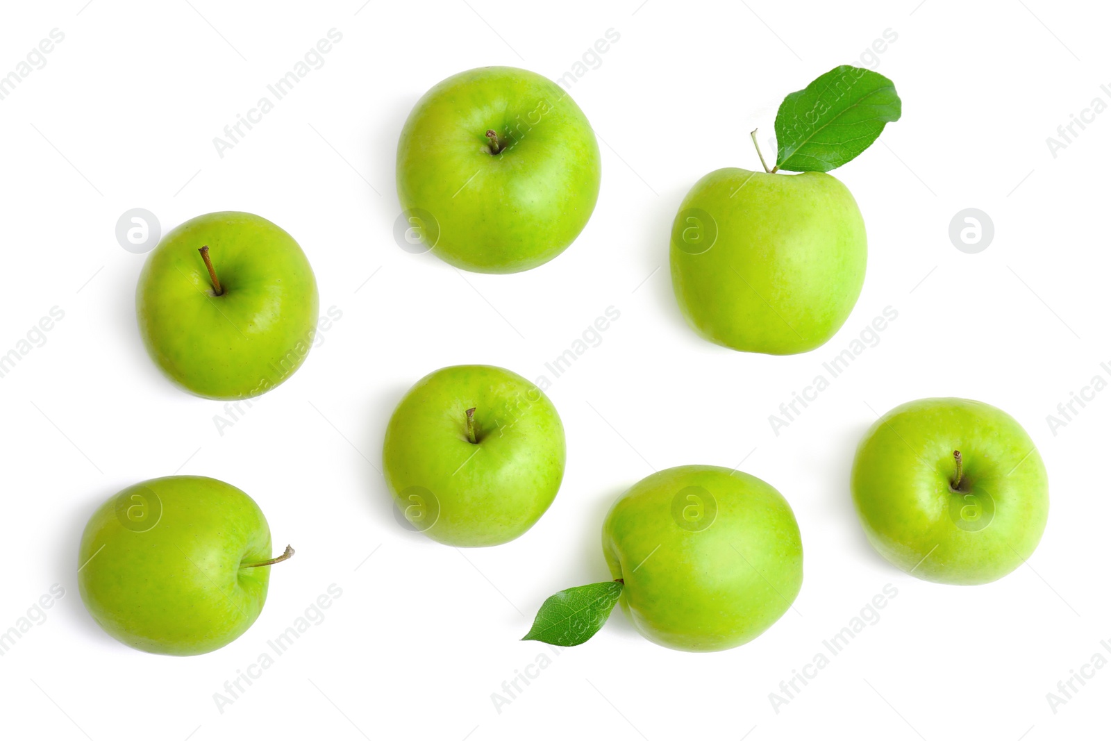 Fresh green apples on white background, top view Photo of Fresh green apples on white background, top view