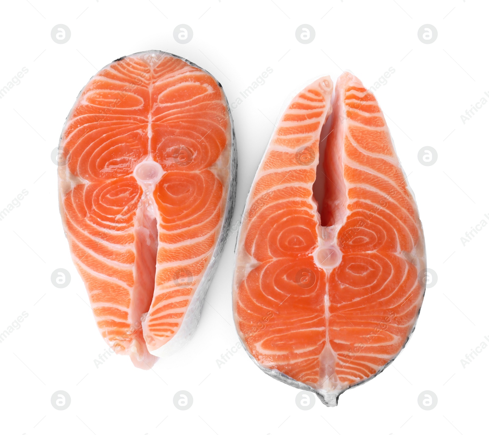 Photo of Fresh raw salmon on white background, top view. Fish delicacy