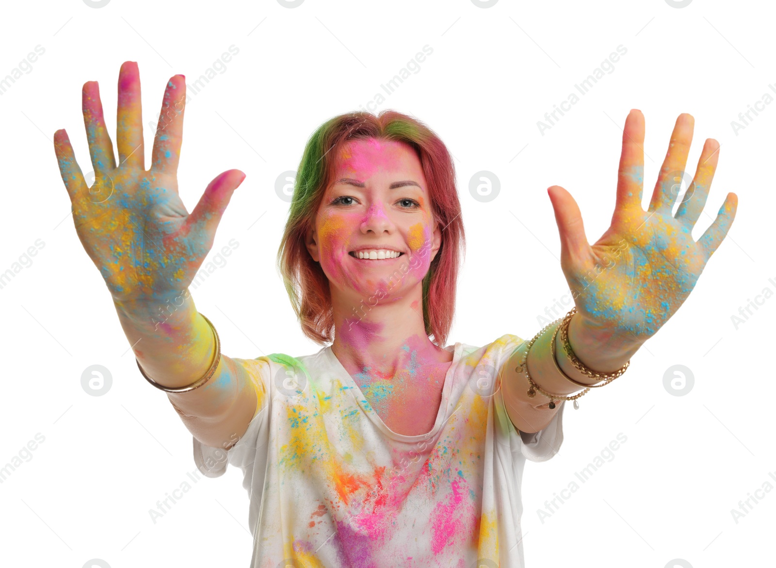 Woman covered with colorful powder dyes on white background. Holi festival celebration Photo of Woman covered with colorful powder dyes on white background. Holi festival celebration