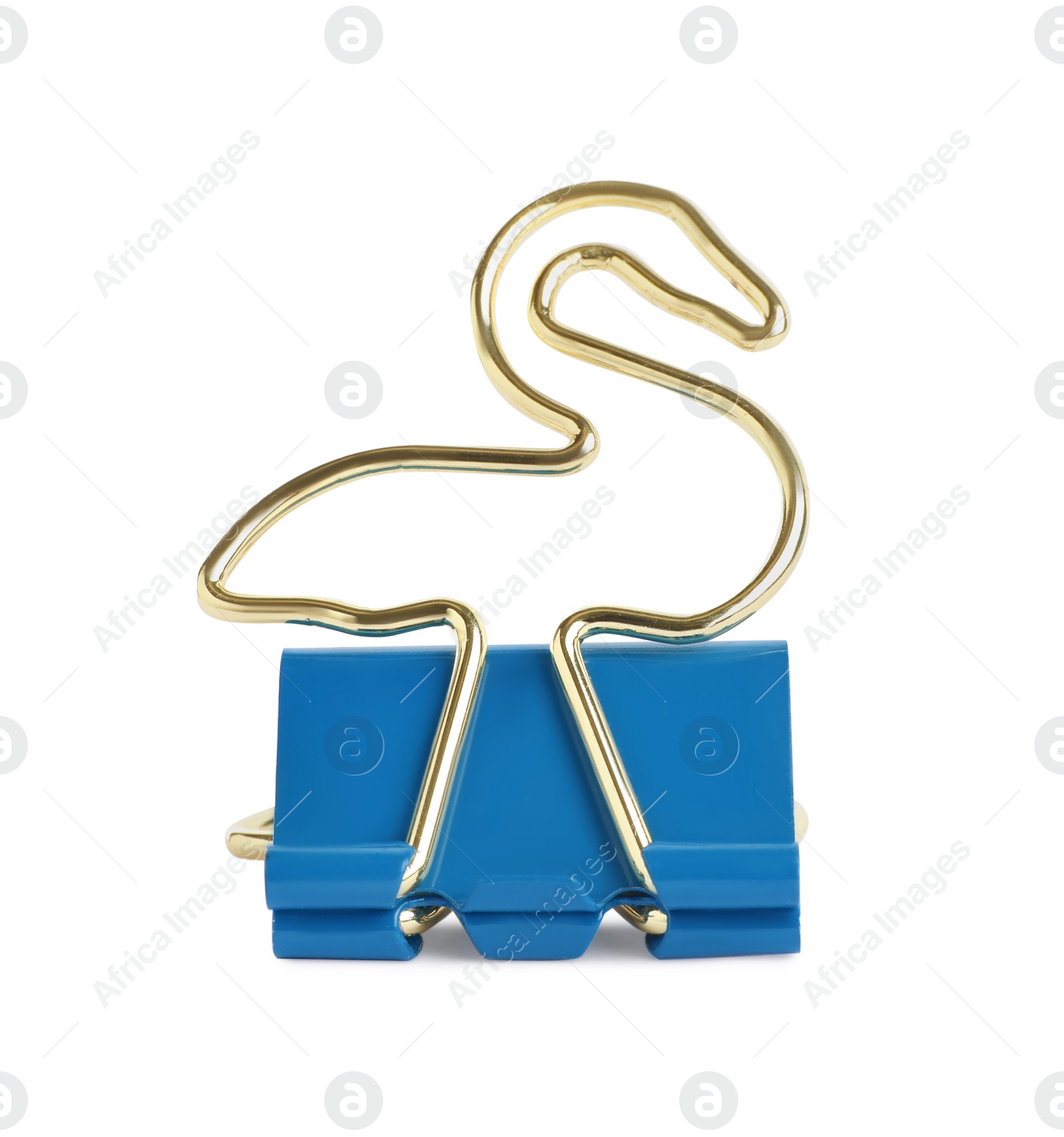 Photo of Flamingo shaped binder clip isolated on white. Stationery item