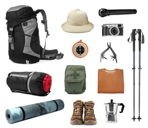 Set with different camping equipment on white background Image of Set with different camping equipment on white background